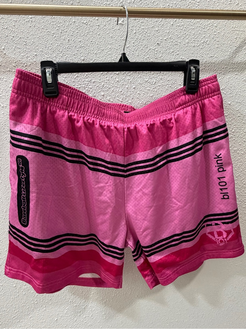 Mens Athletic Pink Performance Shorts with Black Stripe Accent